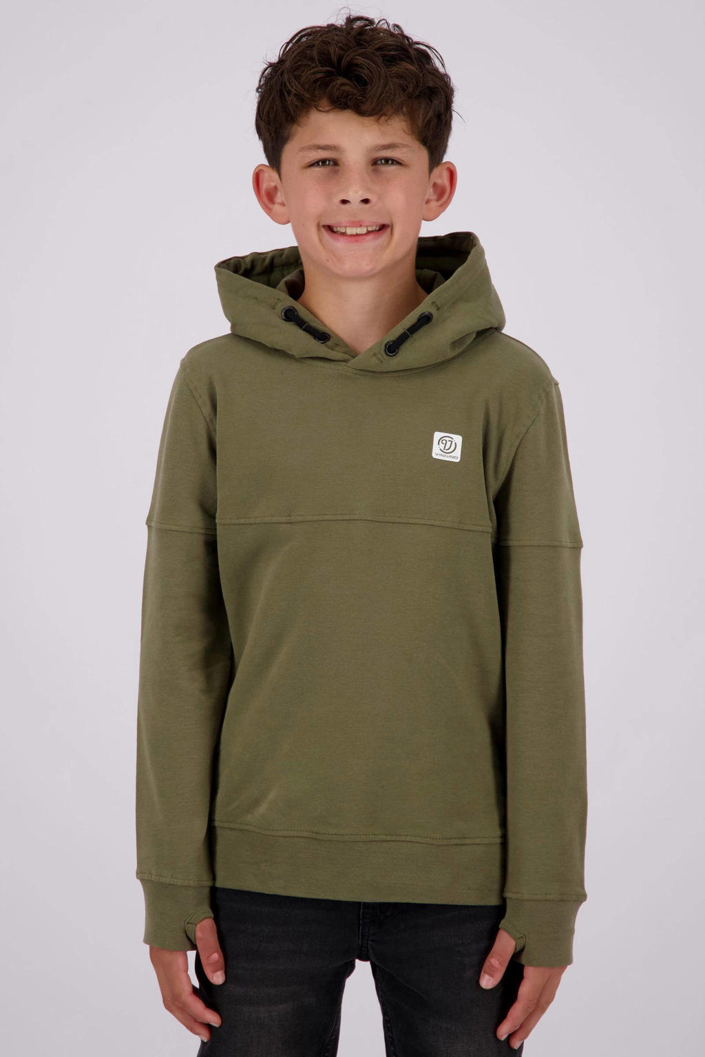 Groene jongens Vingino hoodie army van sweat materiaal met effen, lange mouwen en capuchon
