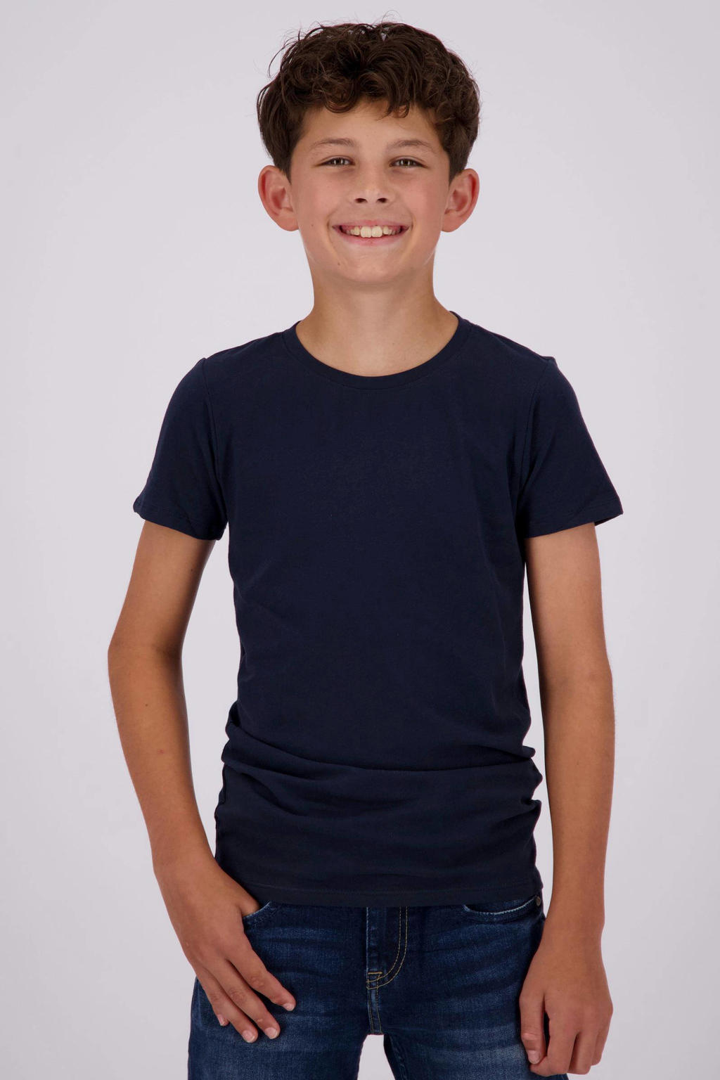 Set van 2 blauwe jongens Vingino basic T-shirt van stretchkatoen met effen, korte mouwen en ronde hals