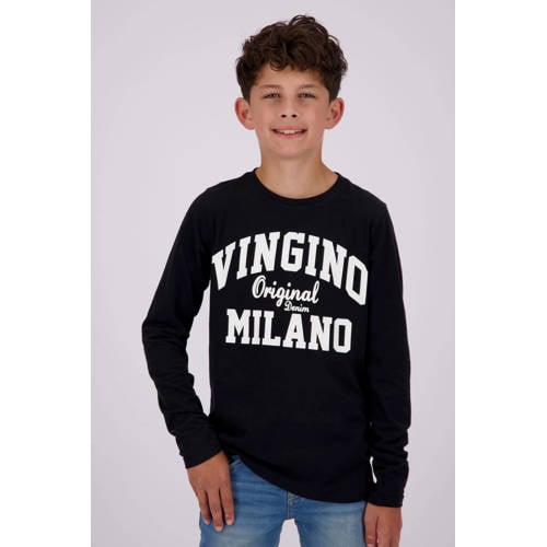 Vingino longsleeve met logo zwart Jongens Stretchkatoen Ronde hals Logo