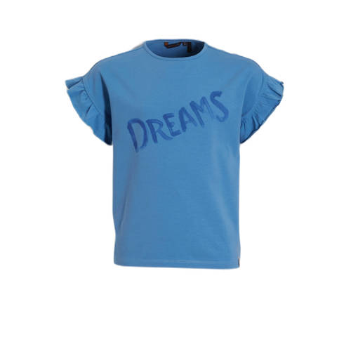 NONO T-shirt Kanou met tekst en ruches blauw Meisjes Stretchkatoen Ronde hals