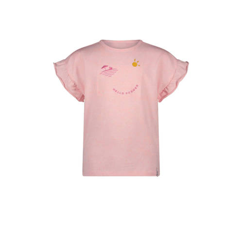 NONO T-shirt Kanou met printopdruk en ruches roze Meisjes Katoen Ronde hals