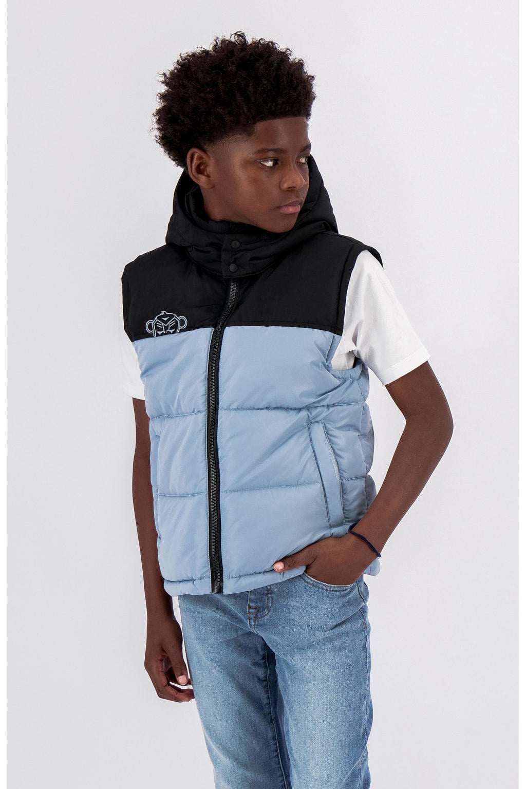 Blauw en zwarte jongens BLACK BANANAS bodywarmer van polyester met meerkleurige print, capuchon en ritssluiting