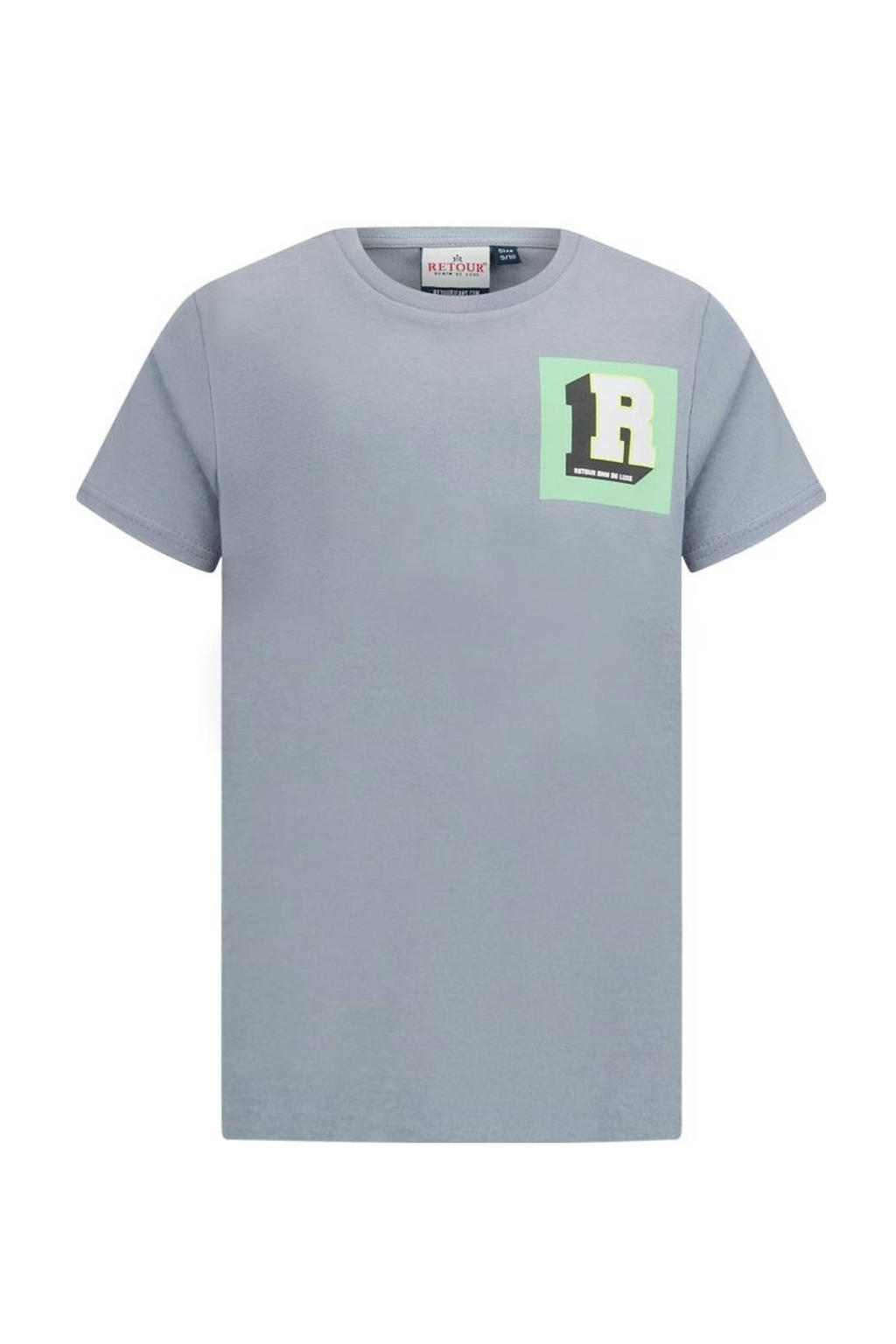 Grijze jongens Retour Jeans T-shirt Pepijn van katoen met meerkleurige print, korte mouwen en ronde hals