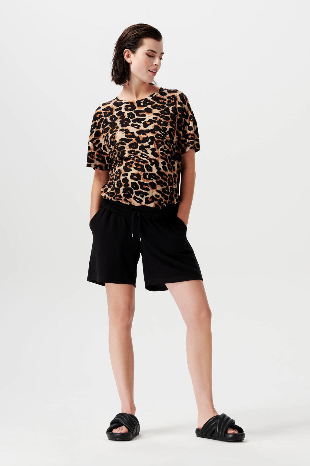 Zwarte dames Supermom regular fit short Genoa van katoen met elastische tailleband met koord en effen