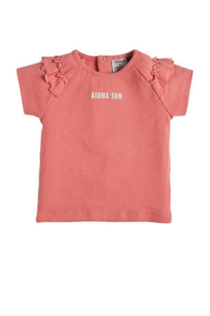 T-shirt Reanna met tekst en ruches donkerroze