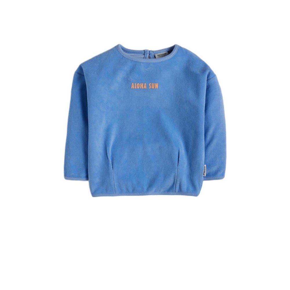 Blauwe meisjes Retour X Anouk Matton badstof sweater Uma met tekst print, lange mouwen, ronde hals en knoopsluiting