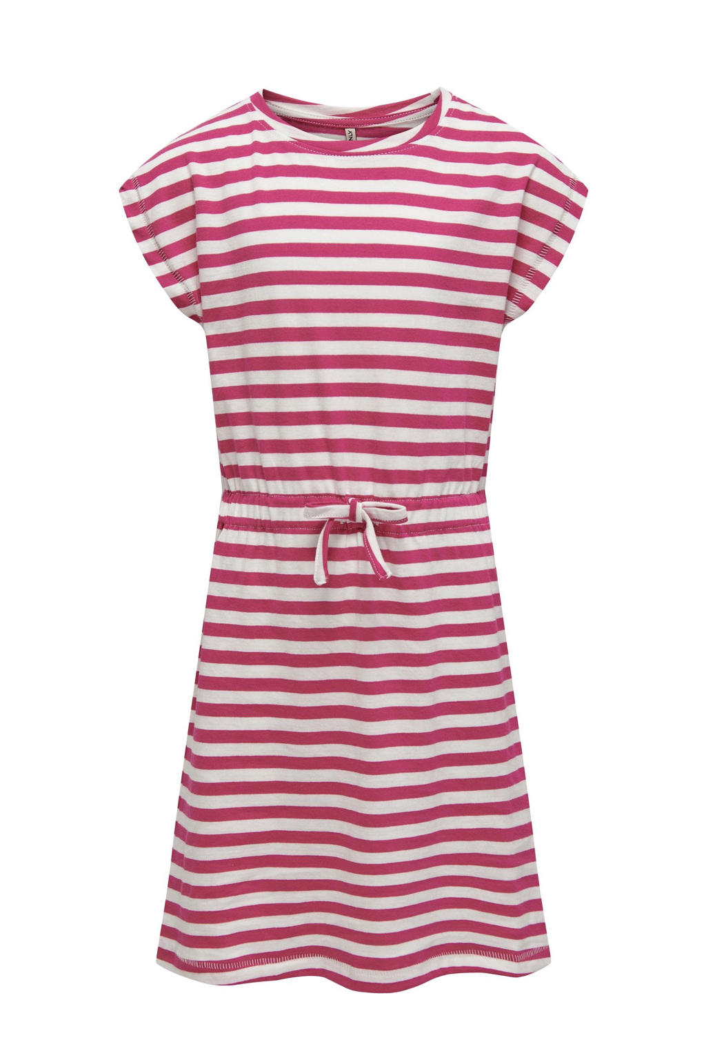 Fuchsia en witte meisjes KIDS ONLY GIRL gestreepte A-lijn jurk van katoen met korte mouwen, ronde hals en striksluiting