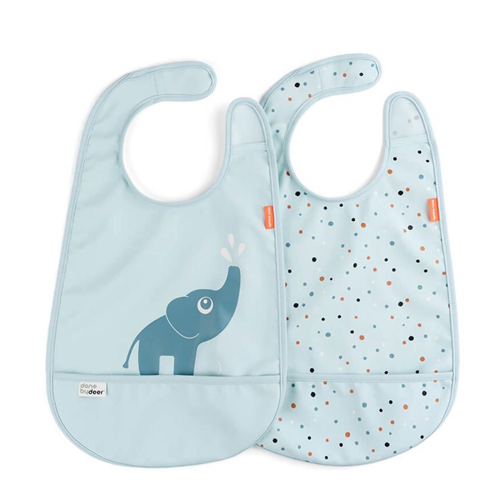 Done by Deer Waterdichte slabbetjes met klittenband Elphee (set van 2) - Blauw