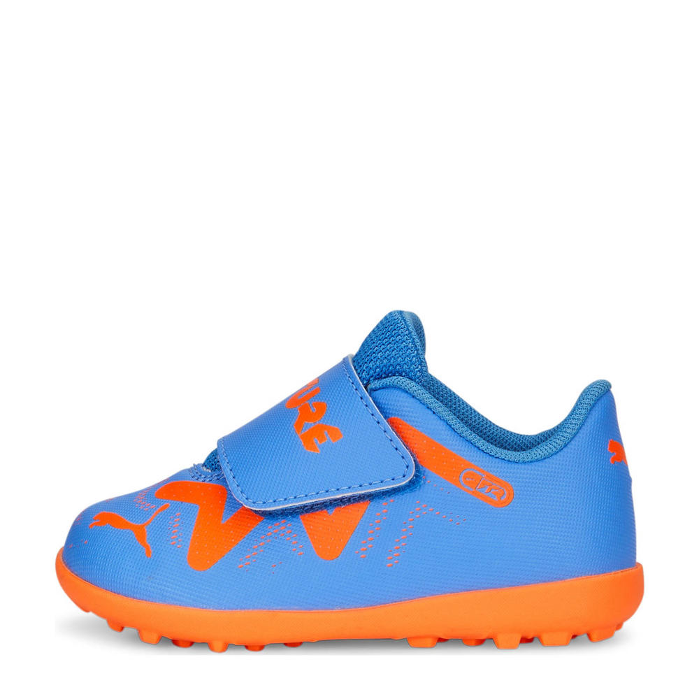 Blauw en oranje jongens en meisjes Puma Future Play voetbalschoenen van imitatieleer met klittenband
