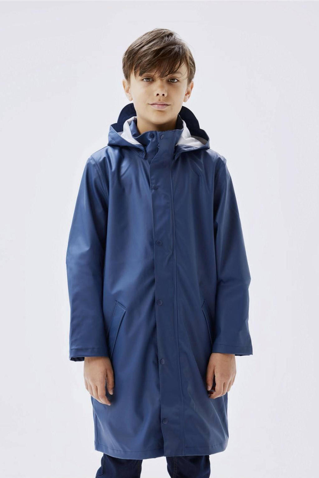 Blauwe meisjes NAME IT KIDS regenjas van polyester met effen, lange mouwen, capuchon en rits- en drukknoopsluiting