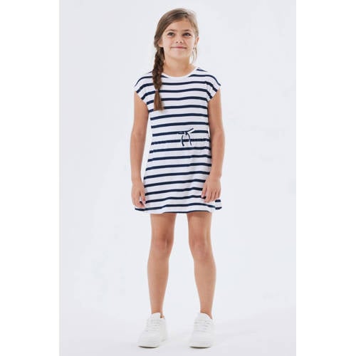 NAME IT KIDS gestreepte jurk NKFMIE donkerblauw/wit Meisjes Katoen Ronde hals - maat 98 afbeelding
