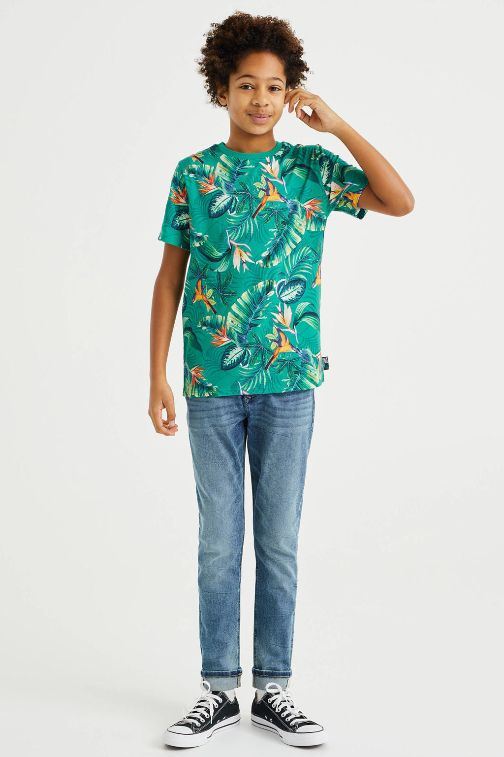 Groene jongens WE Fashion T-shirt van katoen met bladprint, korte mouwen en ronde hals
