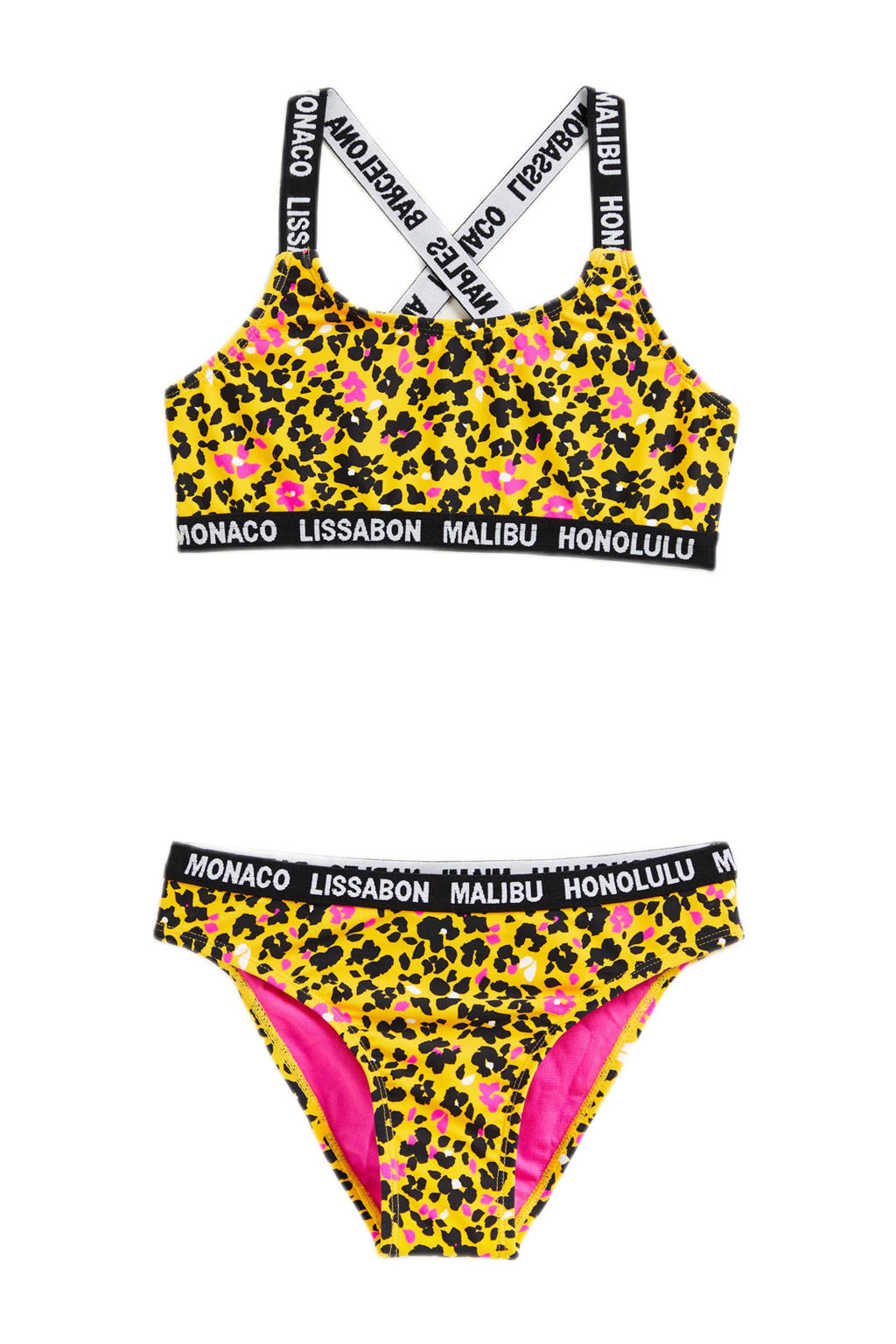 WE Fashion crop bikini geel/zwart/roze