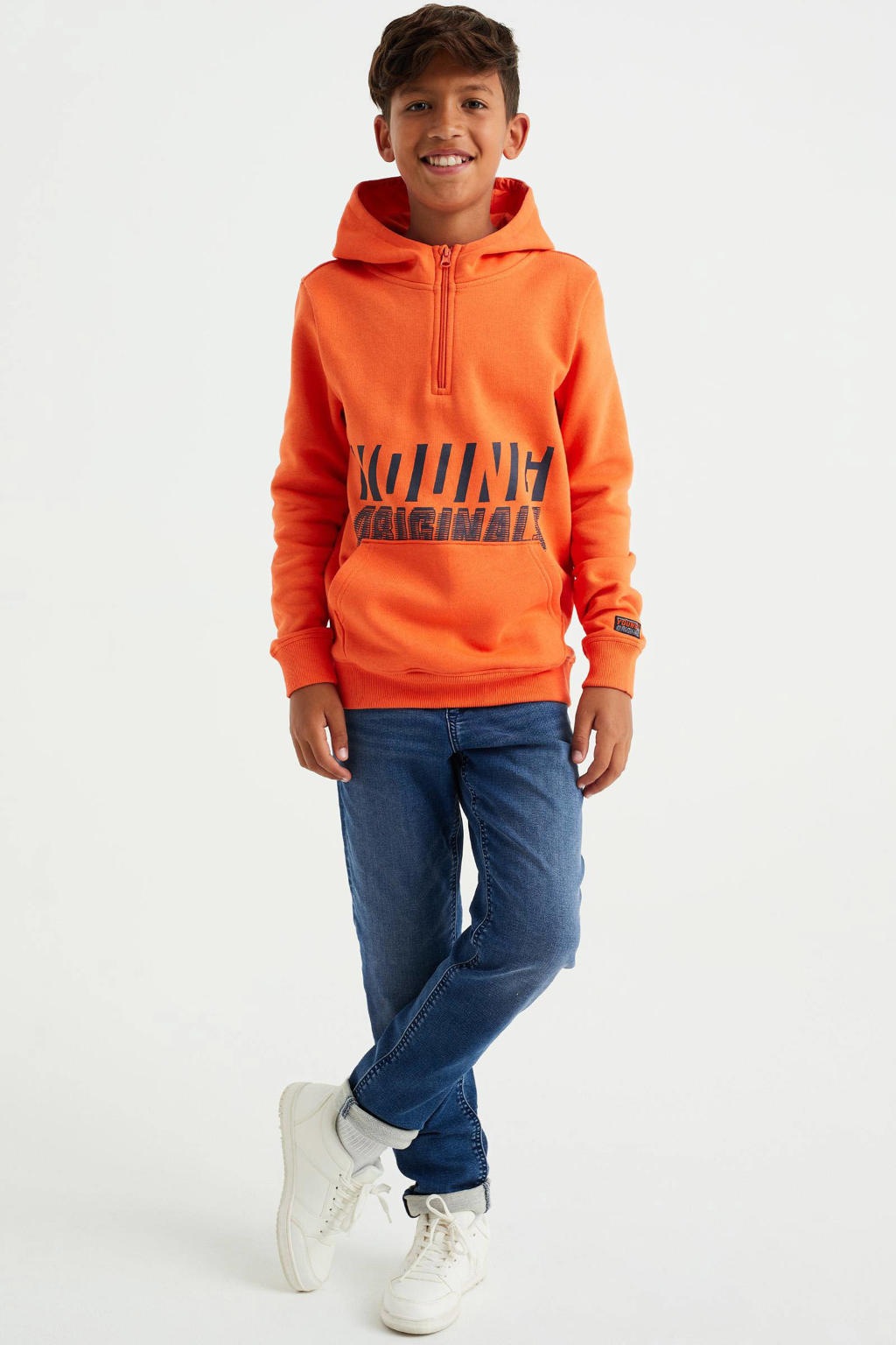 Oranje jongens WE Fashion hoodie met tekst print, lange mouwen en capuchon