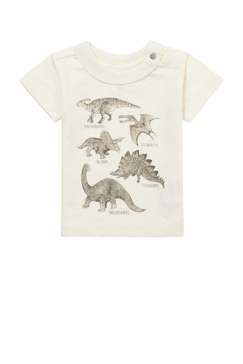 Wit en grijze jongens Noppies baby T-shirt Momence van gerecycled katoen (duurzaam) met dierenprint, korte mouwen, ronde hals en drukknoopsluiting