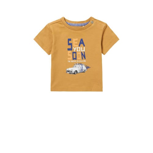 Noppies baby T-shirt Mio met tekst camel Bruin Jongens Stretchkatoen Ronde hals