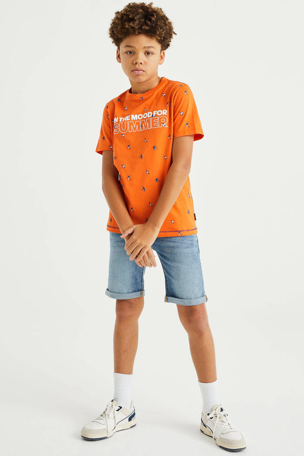 Oranje jongens WE Fashion T-shirt van katoen met all over print, korte mouwen en ronde hals