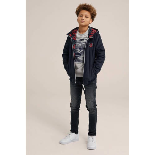WE Fashion reversible gewatteerde tussenjas van polyester donkerblauw rood 98 104