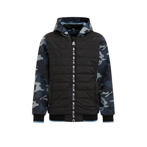 WE Fashion softshell jas met camouflageprint zwart/grijs/blauw Jongens Polyester Capuchon