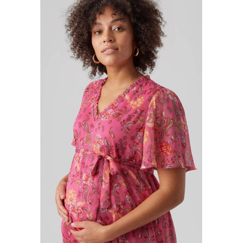 VERO MODA MATERNITY semi-transparante zwangerschapsjurk VMMSILO met all over print en volant roze Dames Polyester V-hals