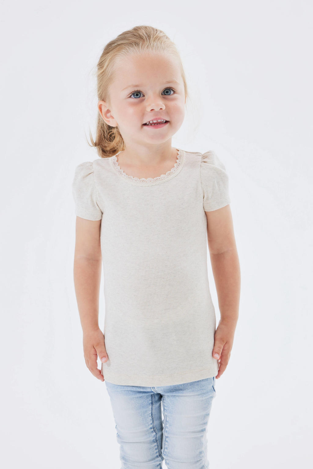 NAME IT MINI ribgebreid T-shirt NMFKAB met kant ecru