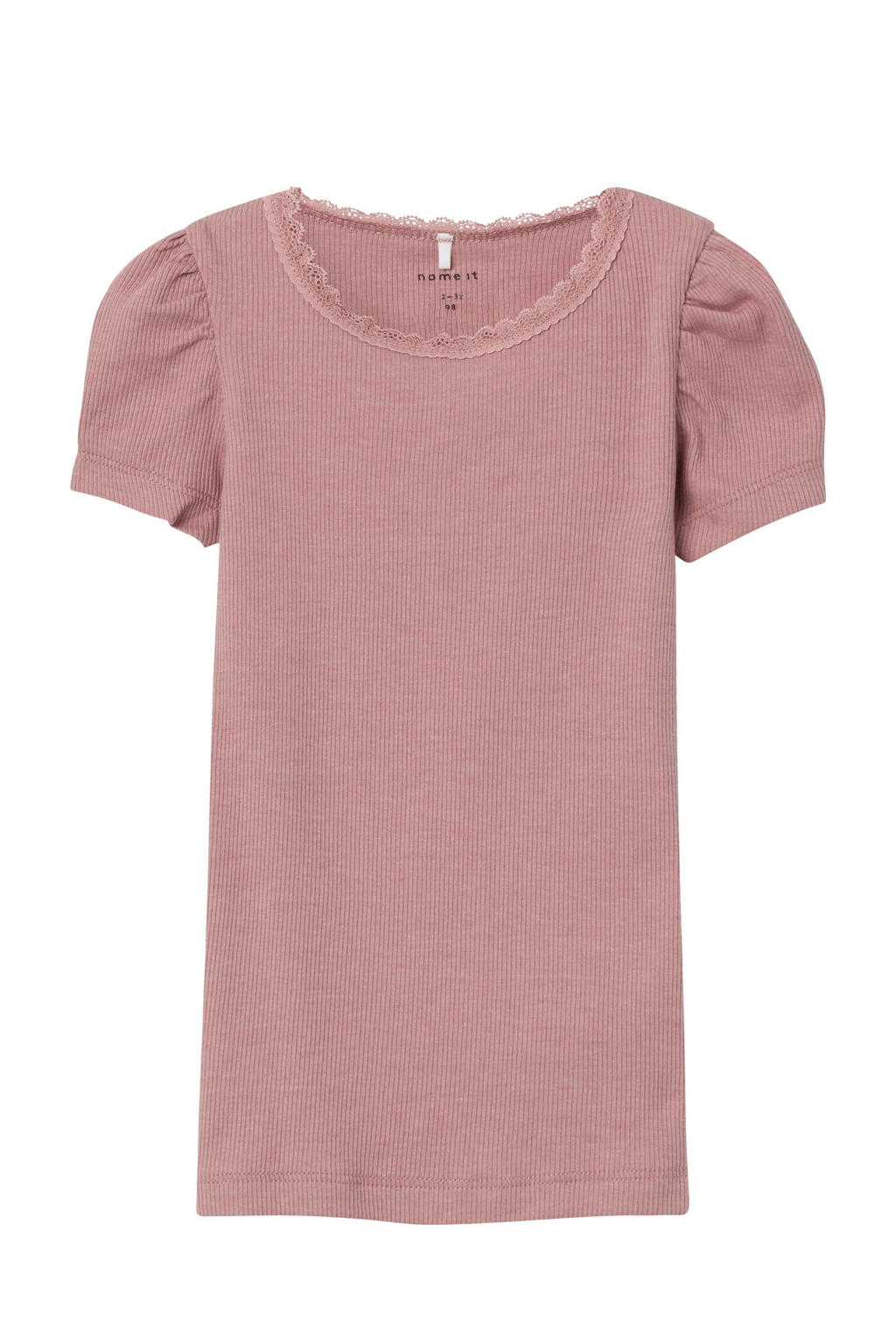 Roze meisjes NAME IT MINI ribgebreid T-shirt van stretchkatoen met effen, korte mouwen, ronde hals en kant