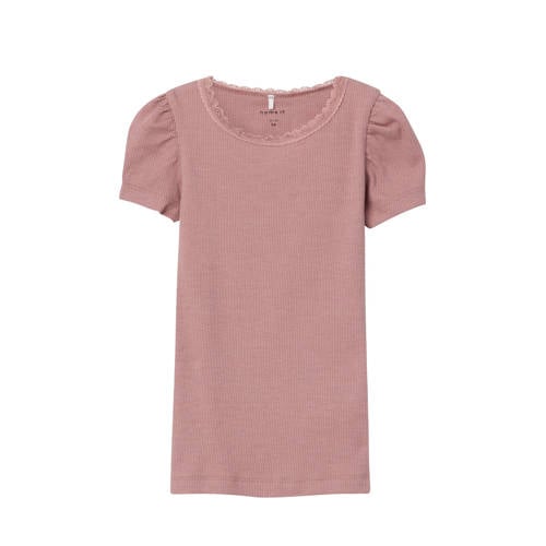 NAME IT MINI ribgebreid T-shirt NMFKAB met kant mauve Roze Meisjes Stretchkatoen Ronde hals