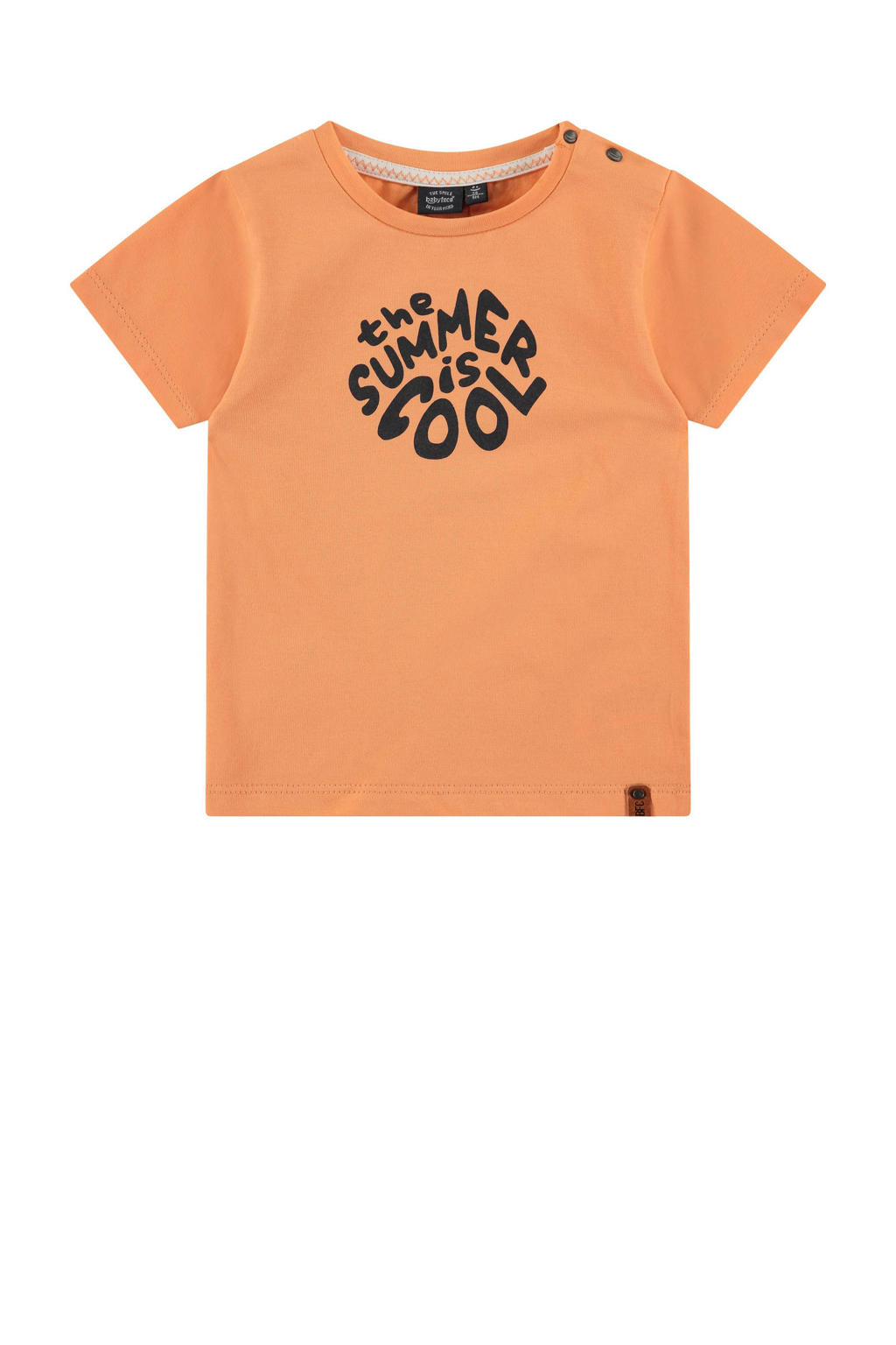 Oranje jongens Babyface T-shirt van stretchkatoen met printopdruk, korte mouwen, ronde hals en drukknoopsluiting
