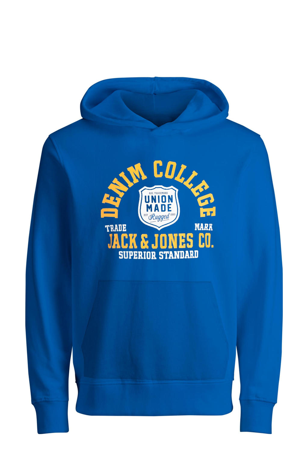 Blauwe jongens JACK & JONES JUNIOR hoodie van sweat materiaal met logo dessin, lange mouwen en capuchon