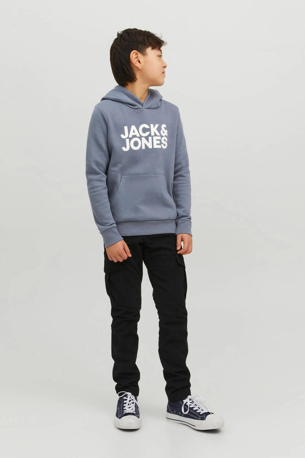 JACK & JONES JUNIOR hoodie JJECORP met logo grijsblauw