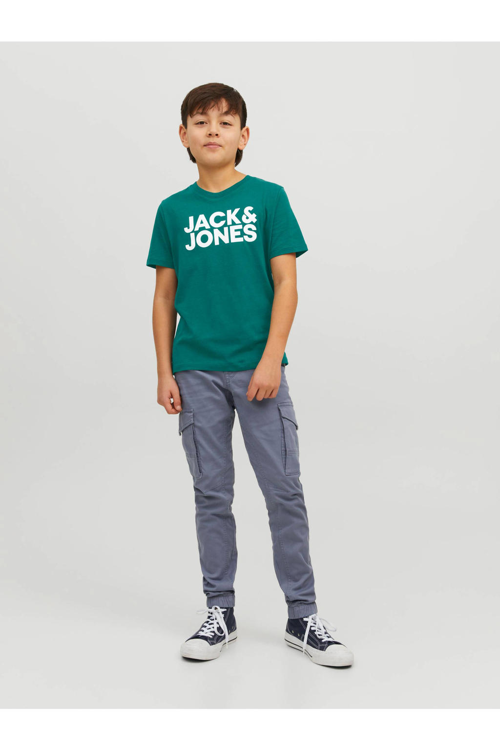 Groene jongens JACK & JONES JUNIOR T-shirt van katoen met logo dessin, korte mouwen en ronde hals