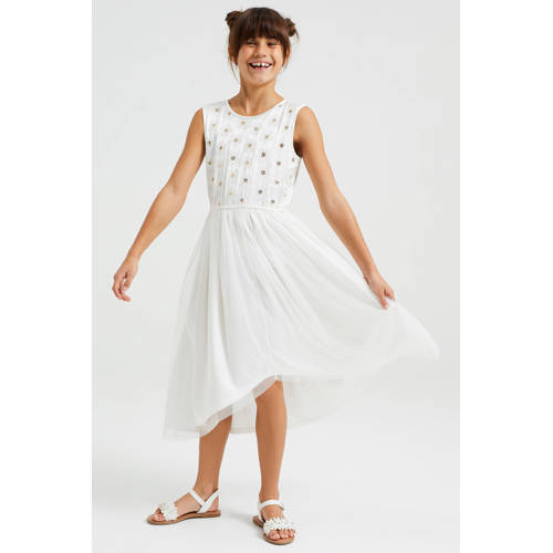 WE Fashion gebloemde maxi jurk wit Meisjes Polyester Ronde hals Bloemen - 92