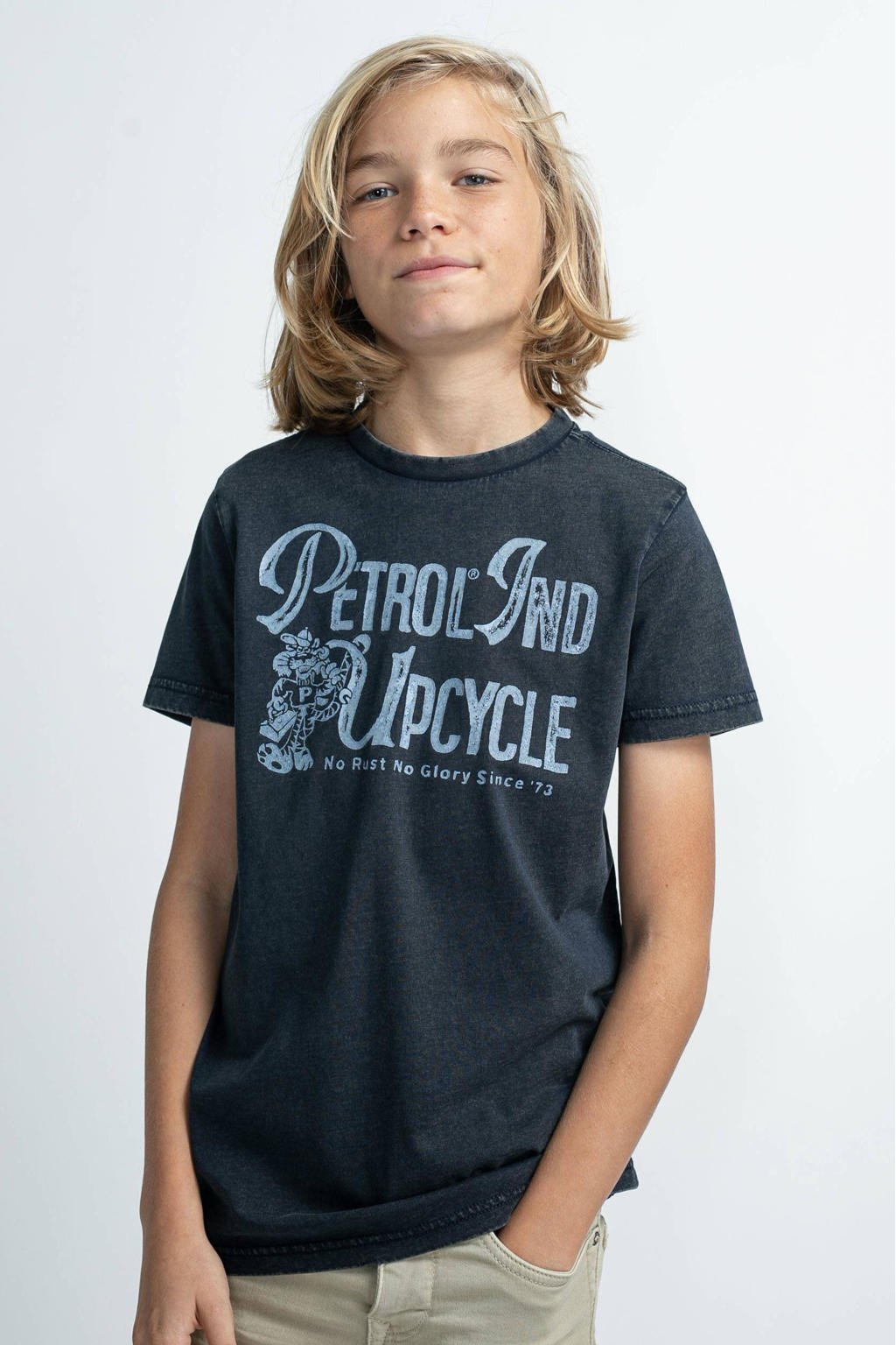 Blauwe jongens Petrol Industries T-shirt van katoen met printopdruk, korte mouwen en ronde hals