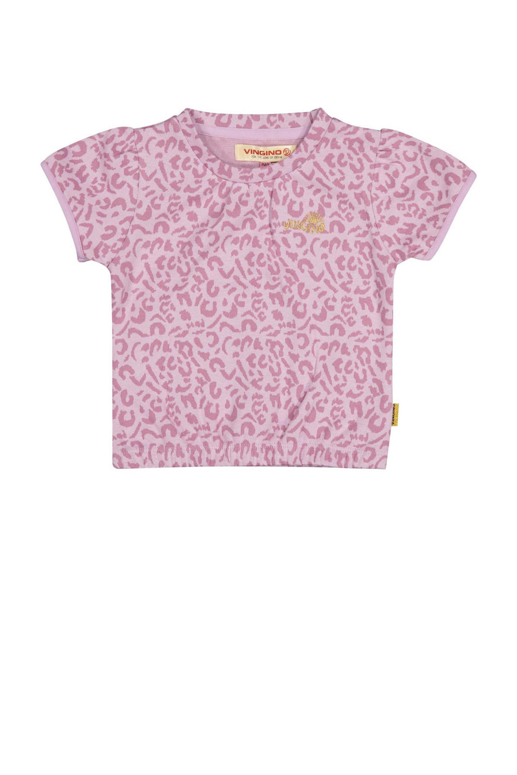 Lilakleurige meisjes Vingino T-shirt van katoen met panterprint, korte mouwen, ronde hals en drukknoopsluiting