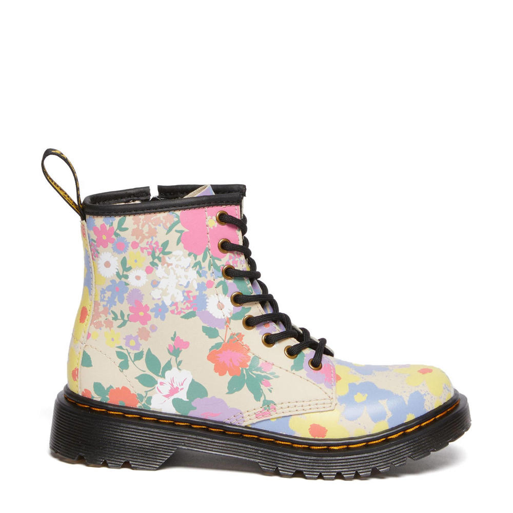 Beige meisjes Dr. Martens 1460 Kleuter leren veterboots met bloemen met profielzool en rits- en vetersluiting