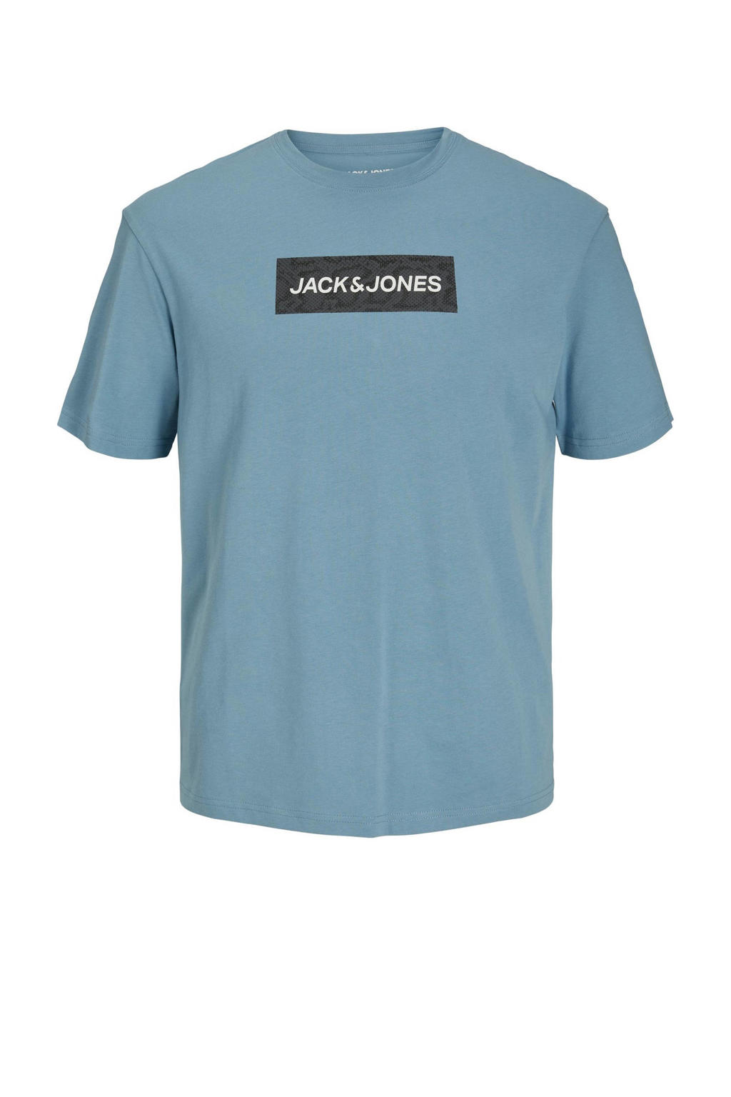 Lichtblauwe jongens JACK & JONES JUNIOR T-shirt van katoen met logo dessin, korte mouwen en ronde hals