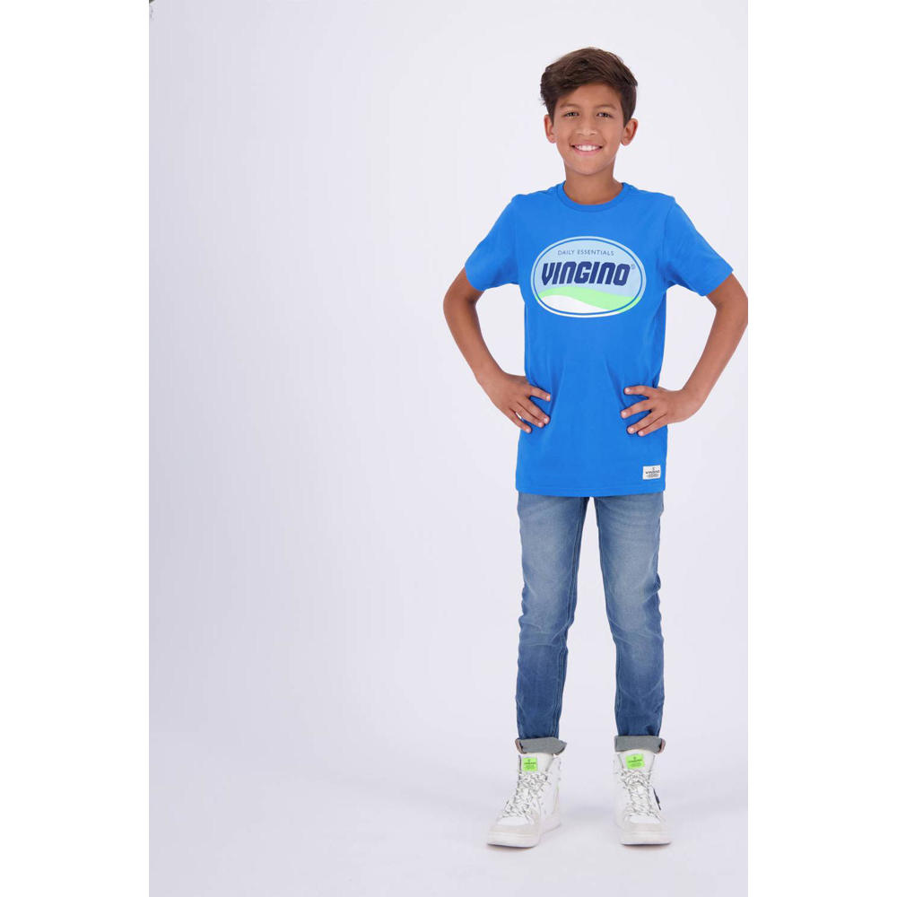 Blauwe jongens Vingino T-shirt van katoen met logo dessin, korte mouwen en ronde hals