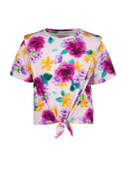thumbnail: Paars, lila en multikleurige meisjes Vingino gebloemd T-shirt multicolor van katoen met korte mouwen, ronde hals en knoopdetail