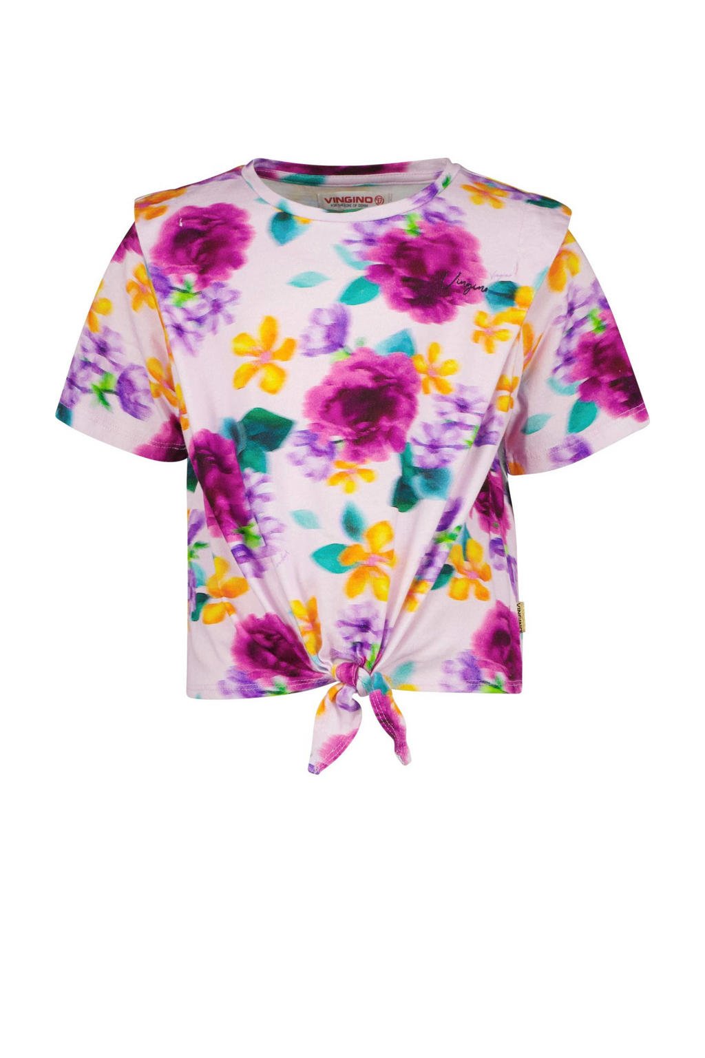 Paars, lila en multikleurige meisjes Vingino gebloemd T-shirt multicolor van katoen met korte mouwen, ronde hals en knoopdetail
