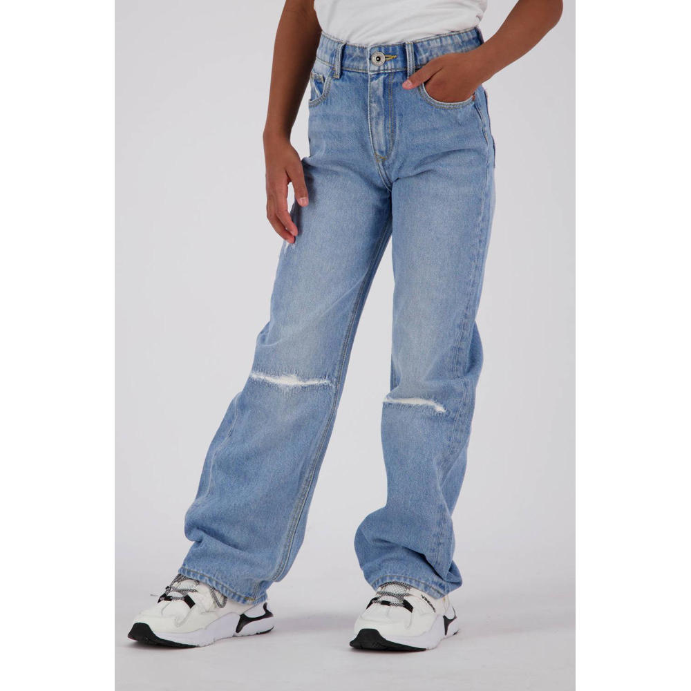 Medium blue denim meisjes Vingino high waist wide leg jeans van denim met rits- en knoopsluiting