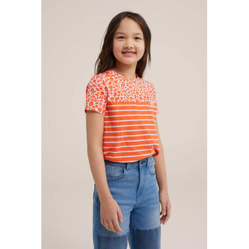 WE Fashion gestreept T-shirt oranje Meisjes Stretchkatoen Ronde hals Streep 92
