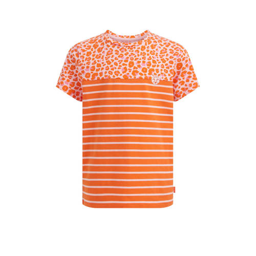 WE Fashion gestreept T-shirt oranje Meisjes Stretchkatoen Ronde hals Streep