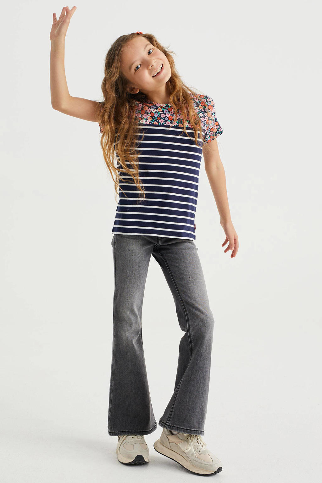 Blauw, wit en roze meisjes WE Fashion gestreept T-shirt van stretchkatoen met korte mouwen en ronde hals