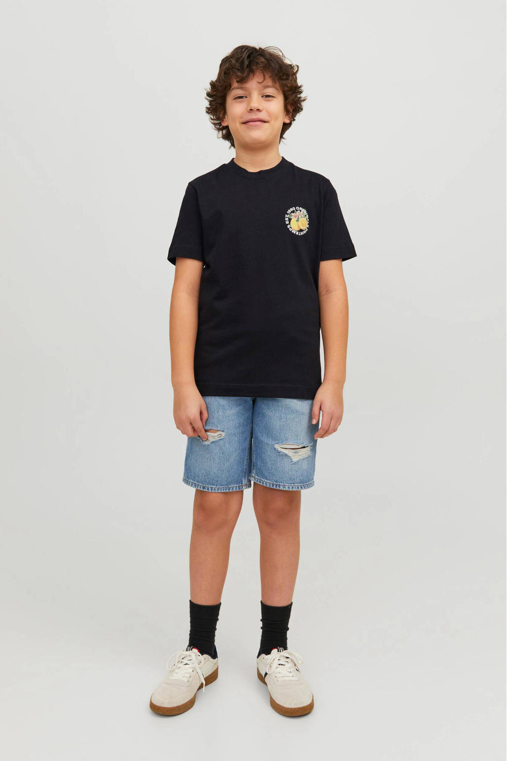 Zwarte jongens JACK & JONES JUNIOR T-shirt van katoen met korte mouwen en ronde hals