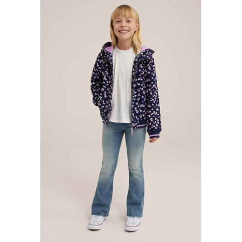 WE Fashion softshell jas met all over print donkerblauw Meisjes Polyester Capuchon 98 104