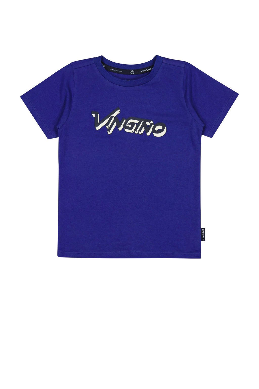 Blauwe jongens Vingino T-shirt van stretchkatoen met logo dessin, korte mouwen en ronde hals