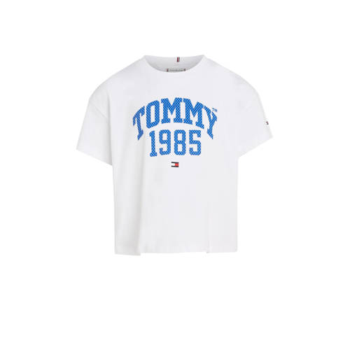 Tommy Hilfiger T-shirt met logo wit/blauw Meisjes Katoen Ronde hals Logo