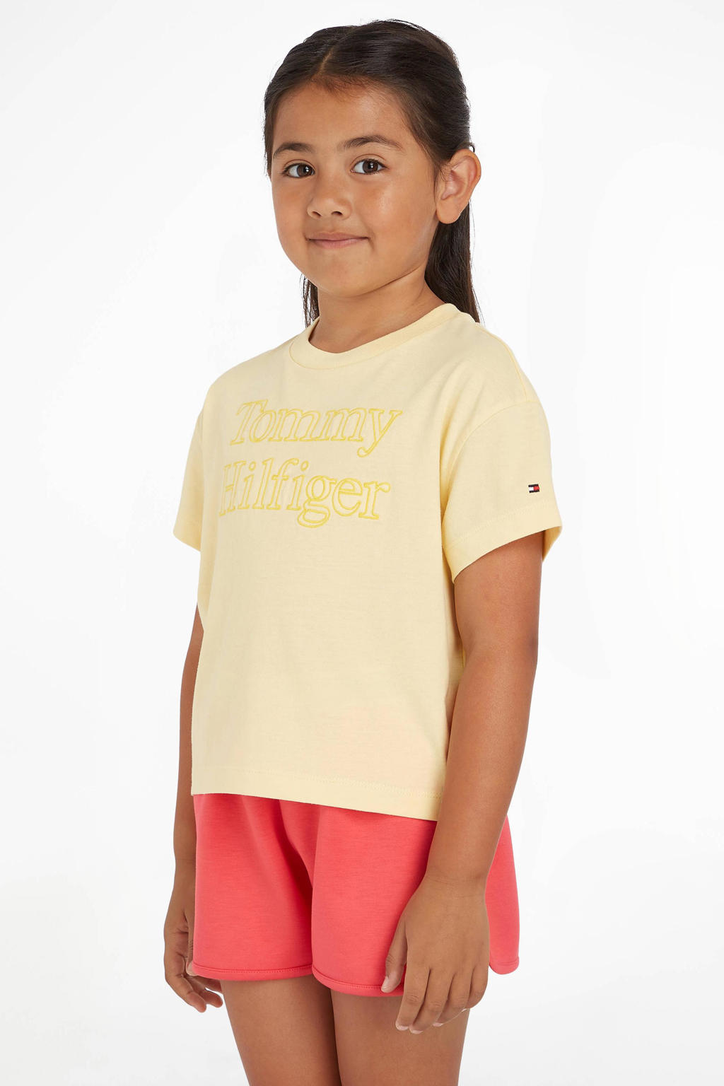 Gele meisjes Tommy Hilfiger T-shirt van katoen met logo dessin, korte mouwen en ronde hals