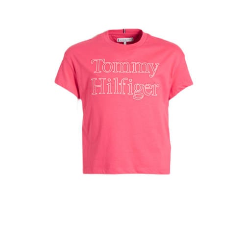 Tommy Hilfiger T-shirt met logo koraalrood Meisjes Katoen Ronde hals Logo
