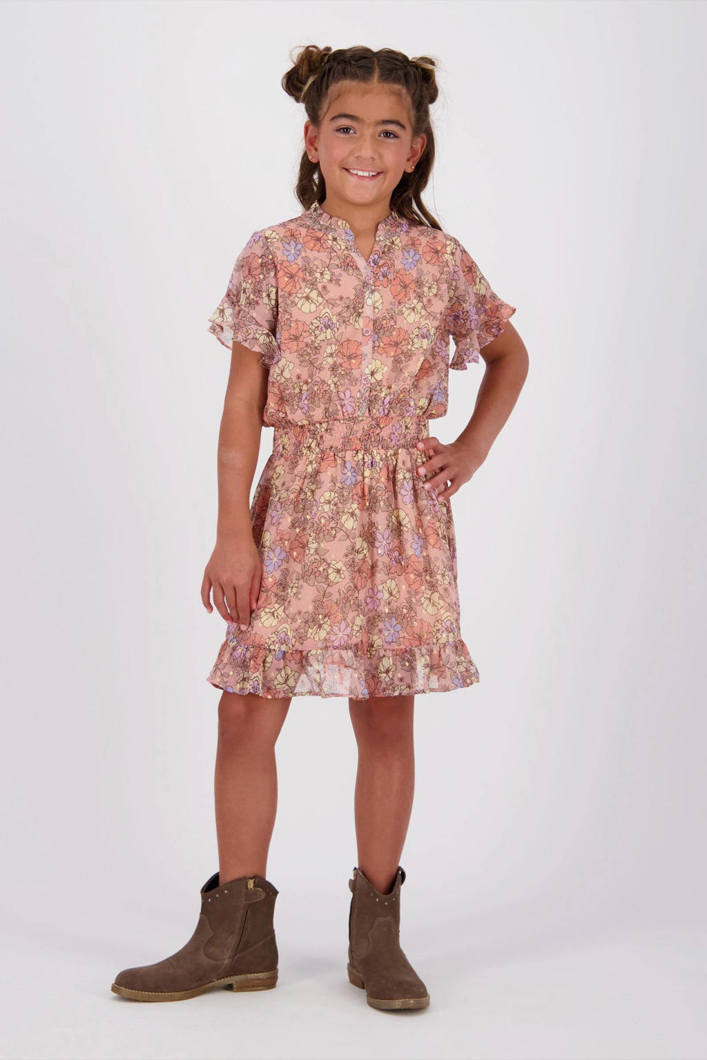Multi en oranje meisjes Vingino gebloemde jurk multicolor van polyester met korte mouwen en klassieke kraag